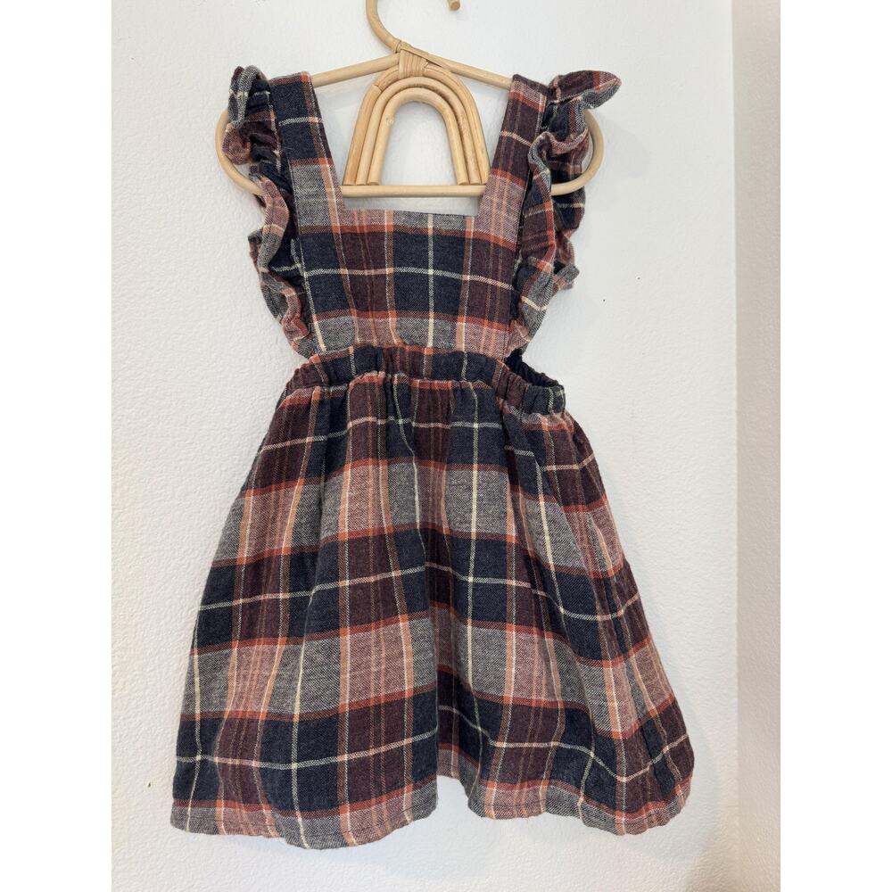 Zara Plaid Flannel Overall Dress Girls Ruffle Strap Button Back sz. 3/4